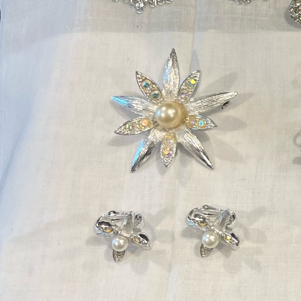 Vintage Emmons Silver and Pearl Crystal Brooch and Clip on Earrings Set